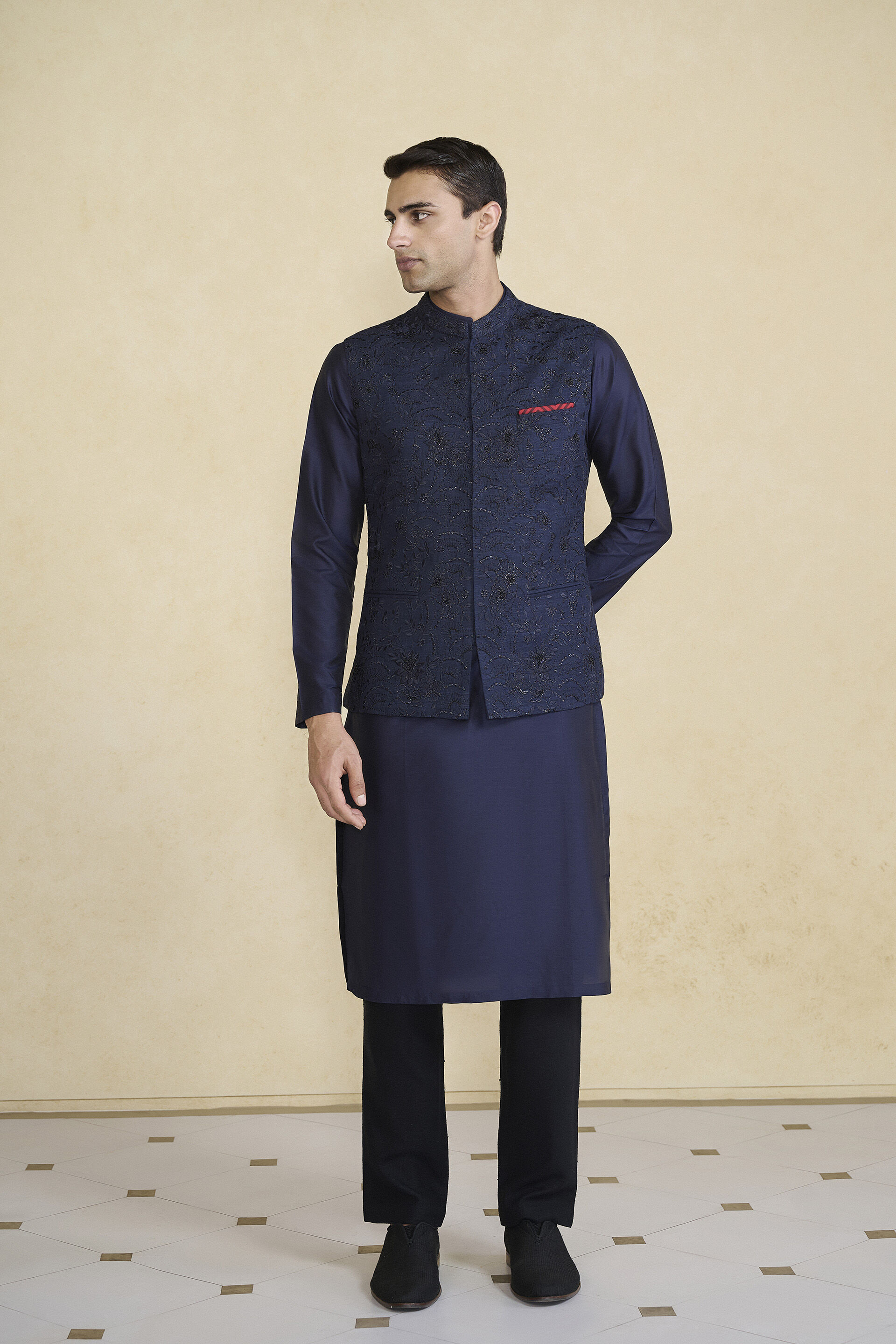 Banshik Hand-embroidered Silk Nehru Jacket - Navy, Navy, image 1